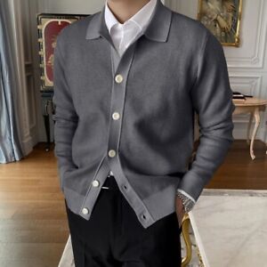 Mens Casual Knit Lapel Cardigan Coat Button Long Sleeve Sweater Cardigan Jacket^