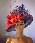 Kentucky Derby Hat Royal Ascot Hat Navy Blue Sinamay Red Rose Silk Velvet Floral