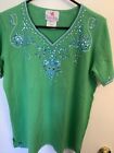 The Quacker Factory Green  Short Sleeve Cotton Sweater Top Beaded  M