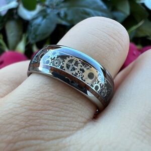 Stainless Steel Ring Mechanical Gear Wood Grain Steam Age Punk Men Jewelry Gift