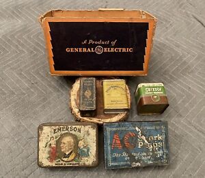 Lot of 6 Vintage Tins & Cardboard Box - Auto, Tobacco, etc.