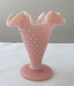 Fenton Hobnail Rose Pink Pastel Crimped Mini Trumpet Vase Exc Condition 1950's