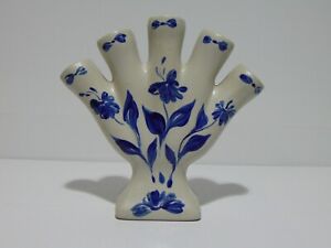 Cream Blue Floral Five Finger Vase Trumpet Fan Vase Stoneware