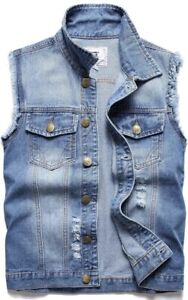Men's Denim Vest,Sleeveless Jacket Slim Fit Vintage Casual Ripped Vest All Color