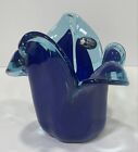 Vintage Murano Style Glass Vase Dish Ruffled Top Swirl Tulip Art Blue White MCM