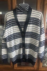 VTG St John Sweater Set SZ Petite Blue Stripe Cardigan/ Shell Wool BL Knit EUC