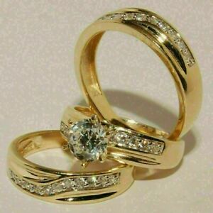 His Her Diamond Lab Created 14k Yellow Gold Plated Trio Bridal Wedding Ring Set