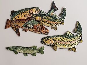 3 Vintage NOS Embroidered Iron On Fish Patches Trout Northern Pike Lot