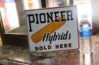 RARE 1950s PIONEER HYBRID SEED CORN DEALER 2-SIDED PAINTED METAL FLANGE SIGN COB