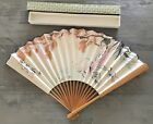 Vintage Hand Painted Paper & Wood Japanese Folding Fan 13” with box