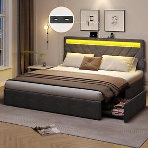 King Size Bed Frame with RGB LED Light & 4 Drawers Modern Platform Bed Dark Grey