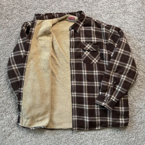 Wrangler Flannel Shirt Jacket Mens 2XL Sherpa Lined Brown Plaid Shacket