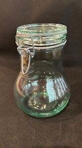 Vintage Hermetic 7 1/2 inch Tall Hinged Glass Jar, Green Tint, Made in Italy