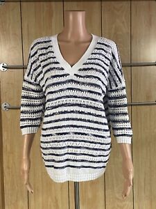 CAbi Women’s White And Navy Striped Open Weave Sweater Size XS