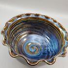 Pottery Bowl Hand Thrown Scalloped Edge Blue Brown Tones Swirl Design Signed