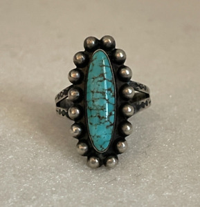 Vintage Fred Harvey Navajo Sterling Silver Turquoise Stamped Ring Size 6
