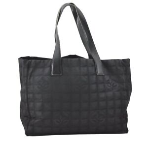 Authentic CHANEL New Travel Line Shoulder Tote Bag Nylon Leather Black 2509J