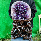 19.3LBNatural Amethyst geode quartz cluster crystal specimen Healing+Wooden base