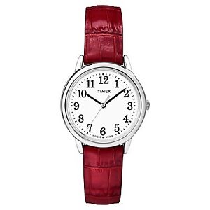 Women's Timex Easy Reader  Watch with Leather Strap - Silver/Red