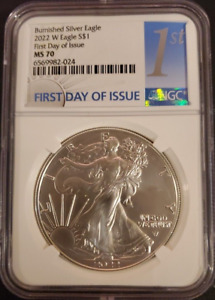 2022 W NGC BURNISHED MS70 FIRST DAY OF ISSUE SILVER EAGLE BIG BLUE 