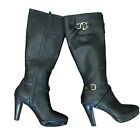 Cole Haan Knee High Boots Women Size 8 Black Leather Goldtone Buckles Platforms