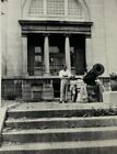 New ListingMan & Boy Standing By Cannon On Steps Of Building B&W Photograph 3.5 x 5