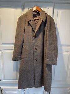 Vintage Harris Tweed Coat Mens Large Brow Handwoven Wool Trench Overcoat 50s
