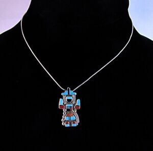 Old Pawn Pendant Necklace Sterling Silver Turquoise Onyx Coral Inlay NA Figure