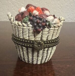 New ListingVintage Resin Treasure Trinket Box Hinged Lid Weaved White  Basket With Fruits