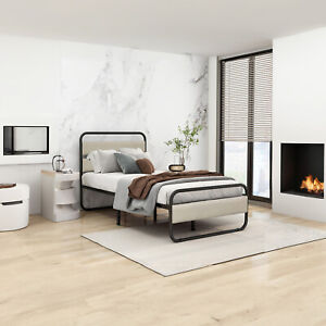 New ListingHeavy Duty Metal Bed Frame/Beige/with Wooden Oval-Shaped Headboard/Twin size