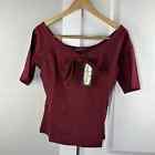 New Modcloth Voo Doo Vixen Burgundy Fitted Tie Front Blouse Top Knot Pin Up NWT