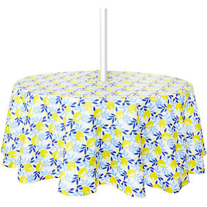 Round Outdoor Tablecloth with Umbrella Hole for Patio Table, Lemons Design