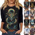 Womens Tops 3/4 Sleeve Shirts Dragon Print Round Neck Tees Blouses Casual Blouse