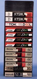 13 Assorted NOS Blank Cassette Tapes-Maxell XLII-Sony HF 1-TDK D60-TDK SA90&Rack