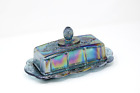 Blue Indiana Carnival Glass Harvest Grape Covered Butter Dish