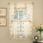Floral Embroidered Semi-Sheer Linen Kitchen Curtain Choice Tier Valance or Swag