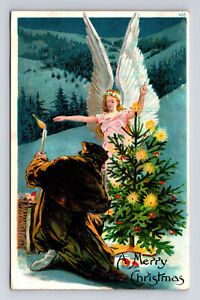Old World Brown Robe Santa Claus Angel Merry Christmas Tree Germany Postcard