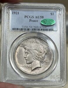 1921 High Relief Peace Silver Dollar $1 PCGS AU 58 CAC PQ+ Key Date Everyman Set