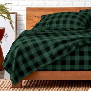 100% Cotton Flannel Sheet Sets - Buffalo Plaid - Forest Green/Black (SOLD AS IS)