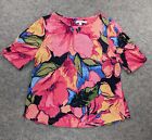 Chicos Shirt Womens 2 Large Pink Floral Short Sleeve Linen Blouse All Over Print