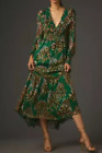 Free People The Odetta Ruffled V Neck Floral Green Metallic Motif Maxi DressNEWS