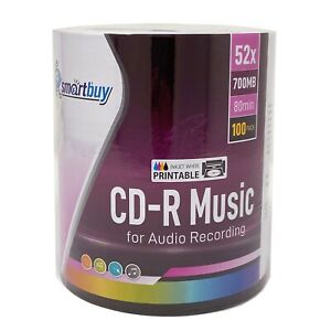 100 PK Smartbuy Digital Audio CD-R Music 80Min White Inkjet Printable Blank Disc