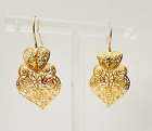 Estate Solid 14K Yellow Gold Delicate Thin Filigree Dangle/Drop Earrings 33x17mm