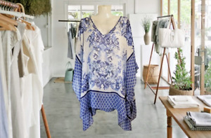 Susan Graver Women's Kimono Top Blouse Blue Paisley V-Neck Size 2X Sheer