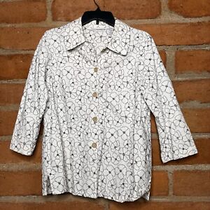 Sag Harbor Womens White Floral Button Front Crew Neck Long Sleeve Size Medium