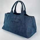 PRADA Canapa Hand bag Tote Bag Denim indigo Blue  Triangle Logo Plate Authentic