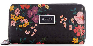 New GUESS Women's Logo Embossed Floral Zip Around Wallet Clutch Bag - Black Mult