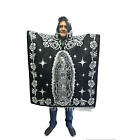 MEXICAN PONCHO WITH HOOD , VIRGEN DE GUADALUPE , BLANKET , ONE SIZE , BLACK