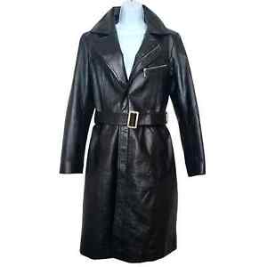 Kenvelo Black Leather Trench Coat Belted Quilted Overcoat Women's M