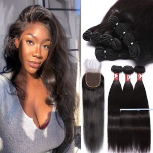 8-30 Inch  Virgin Human Hair Unprocessed 3 Bundles With Lace Closure Malaysian Q